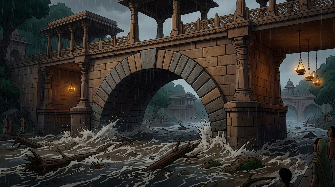 Monsoon floodwaters smash against granite arch, but compression force locks stones tighter