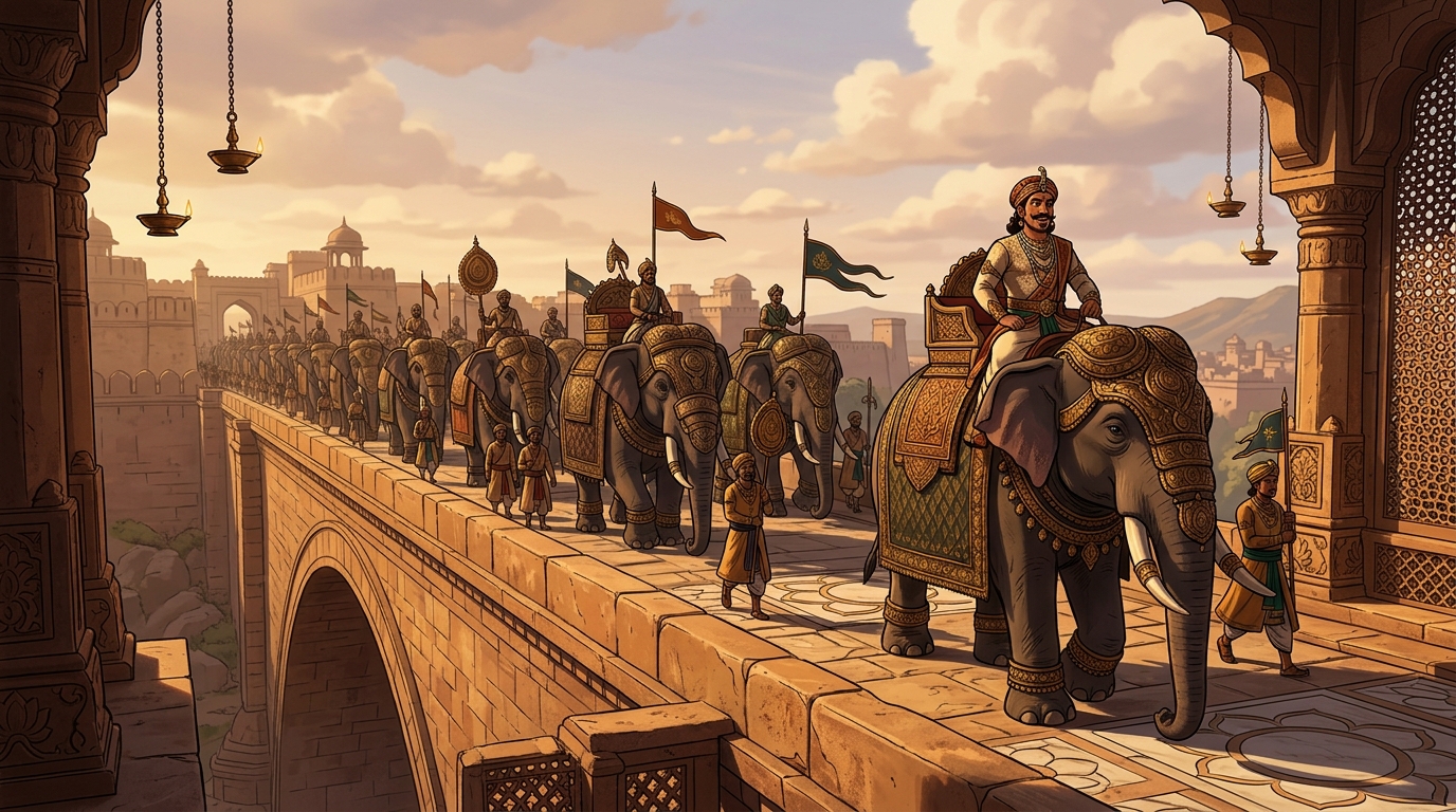 King Bhoja and royal army lead procession of fifty armored war elephants across stone arch