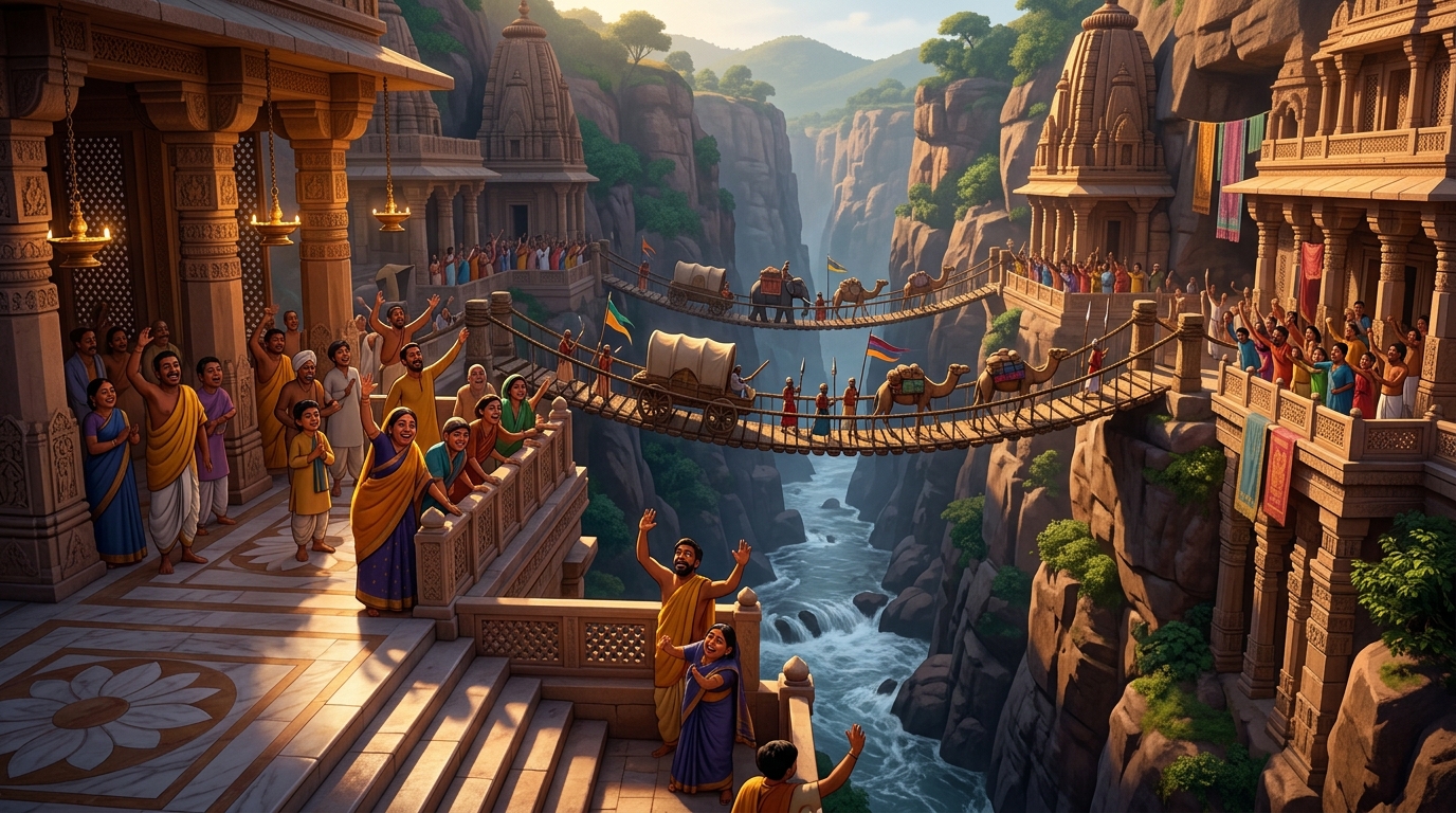 Crowds of citizens cheering from riverbanks as trade caravans cross canyon effortlessly