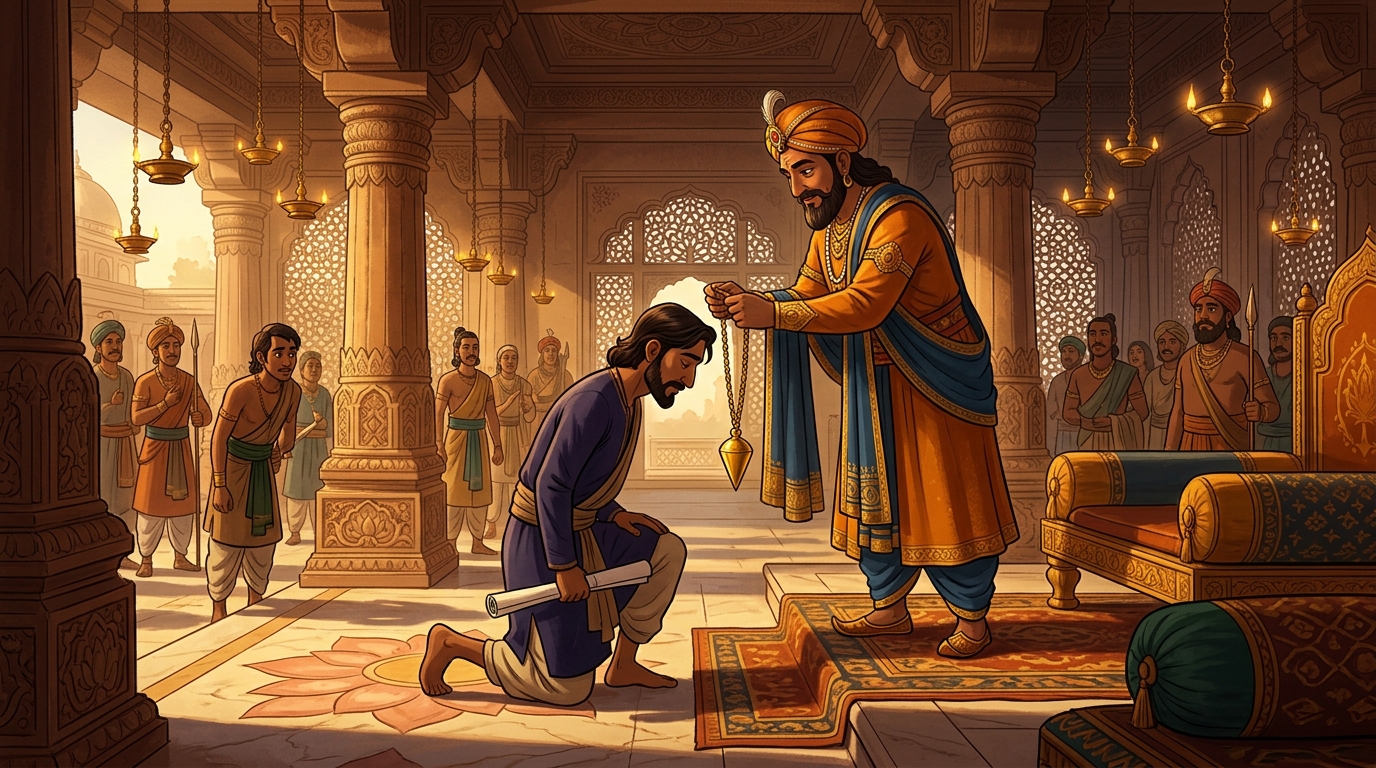 King Bhoja crowns Nala with golden plumb-line medallion, naming him Grand Master of Civil Architecture