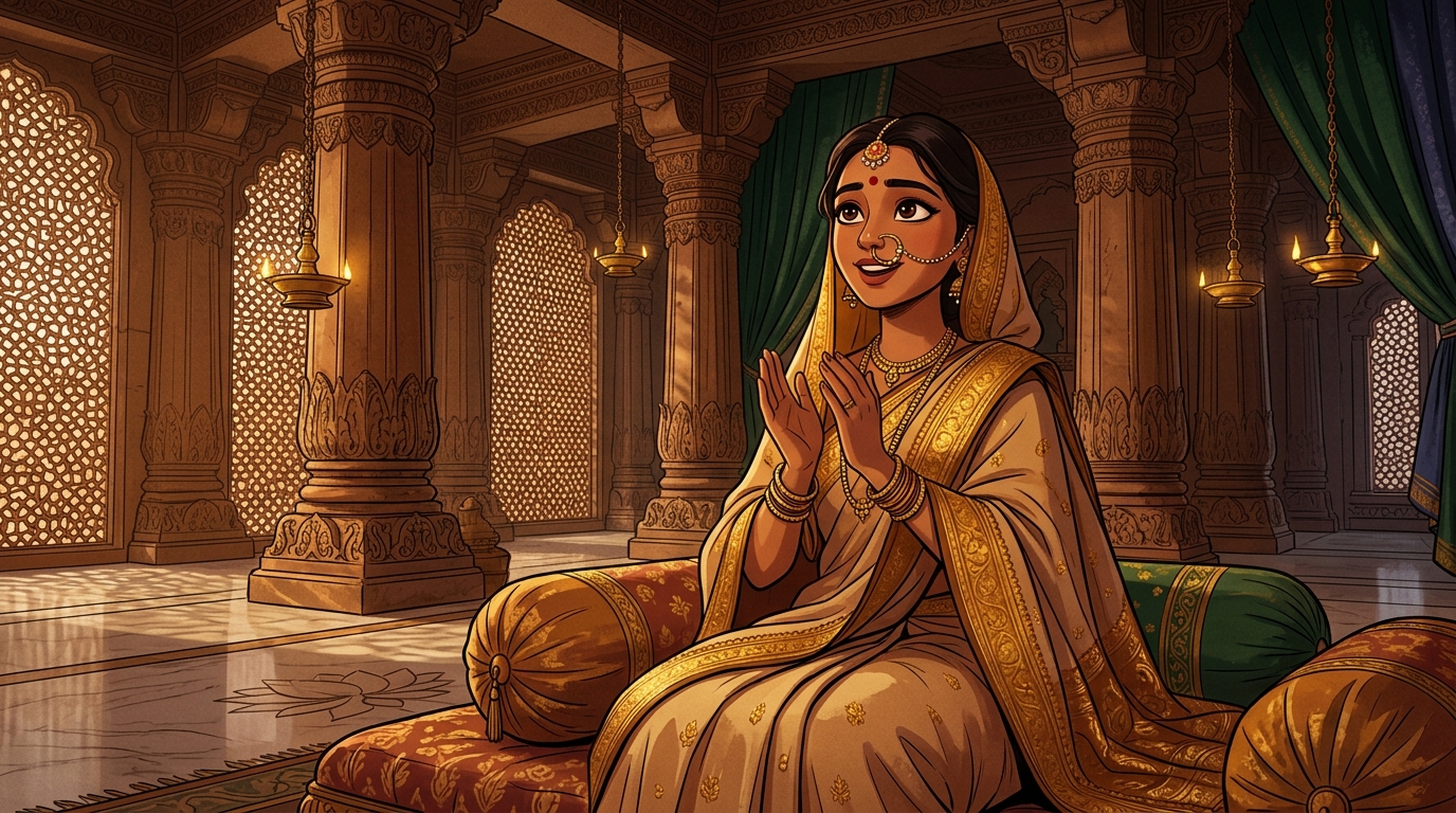Prabhavati sitting on the bolsters, clapping in wonder at the power of mutual fidelity