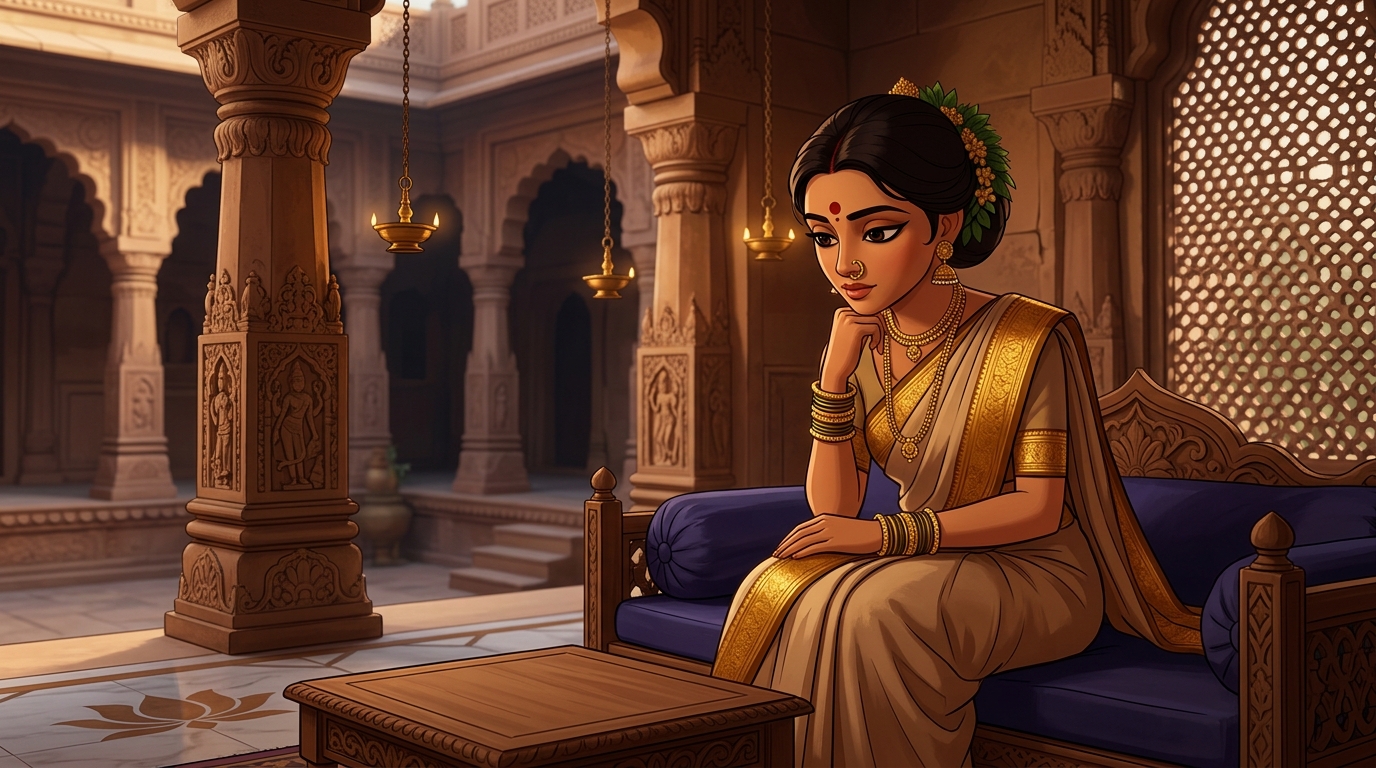 Prabhavati in deep contemplation, realizing fidelity is central keystone of her home