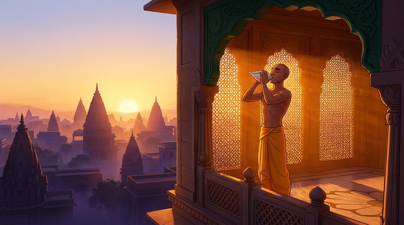 Golden dawn sunlight flooding across the sandstone arches as temple conches sound