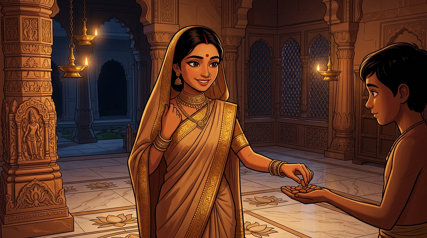 Prabhavati unclasps the sandstone arch choker, hands Shuka sweet almonds, retreats peacefully