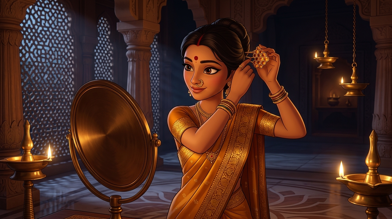 Prabhavati in honey-gold-and-amber silk fastening the honeycomb hairpin by candlelight