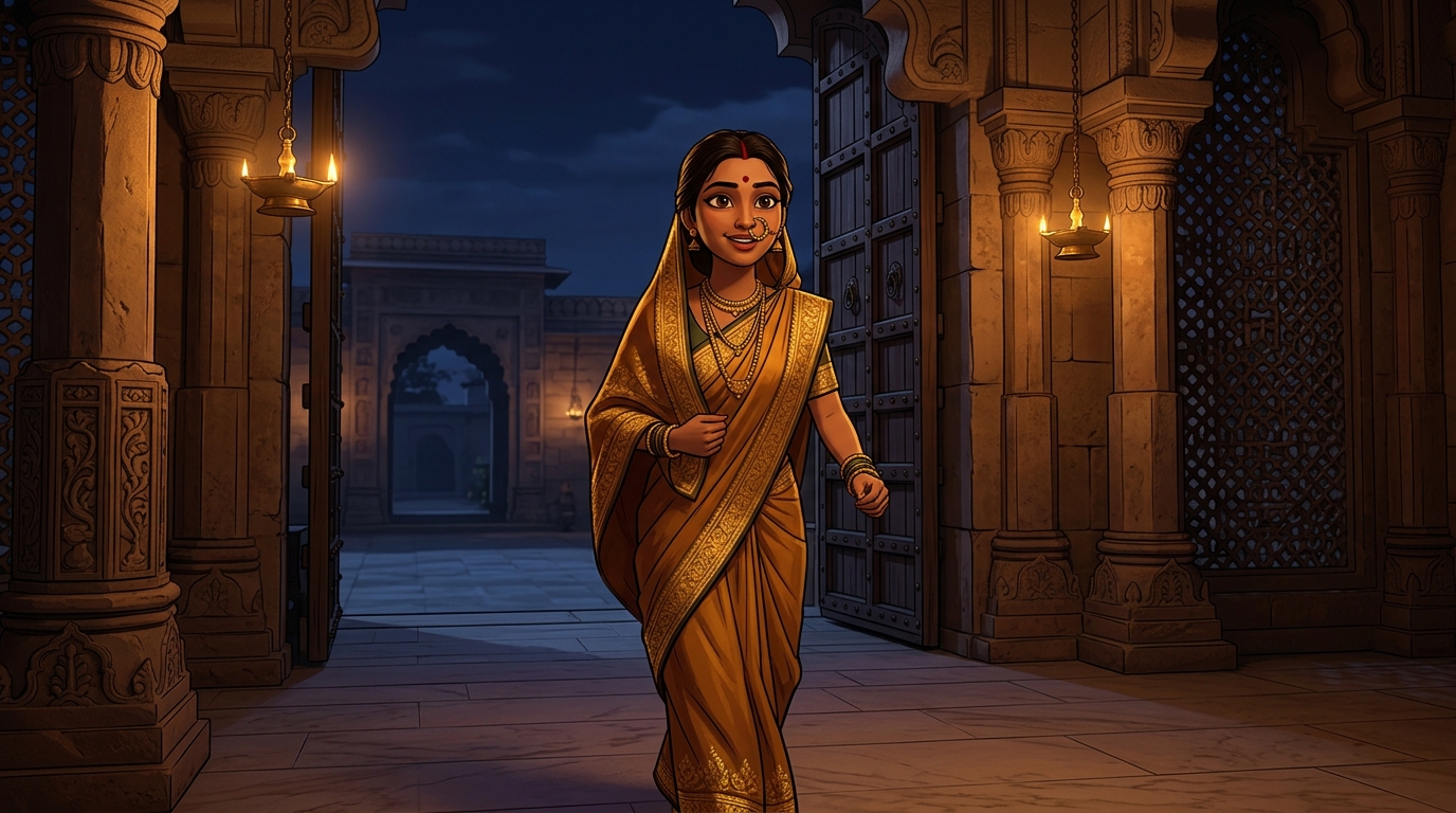 Prabhavati stepping toward the courtyard gate with swift, eager steps under the moonlit sky