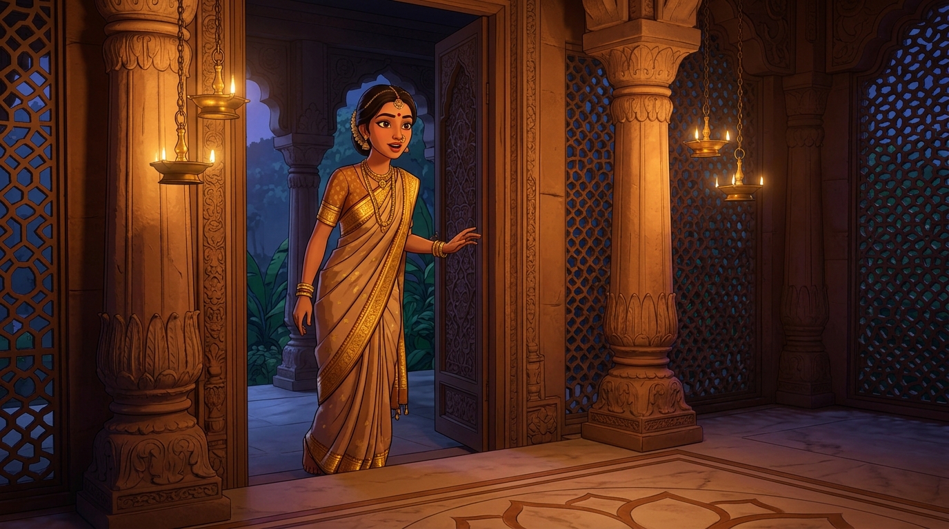 Prabhavati pausing on the doorstep with an amused smile