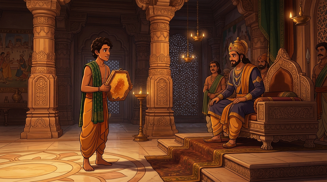 Madhukara standing before King Virasena in court holding a single hexagonal honeycomb frame