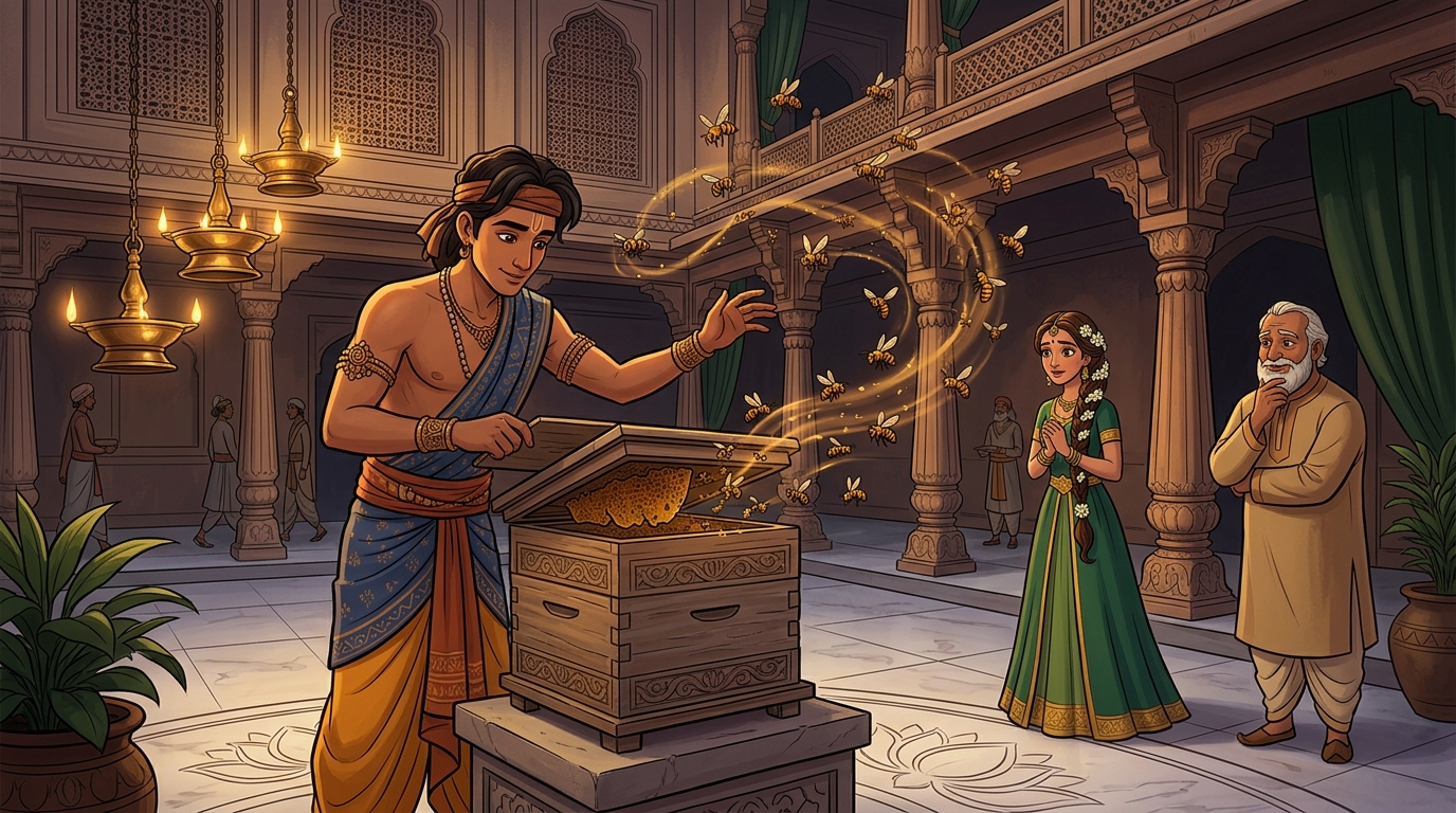 Madhukara opens a gentle wooden hive in courtyard: bees fly in harmony without stinging