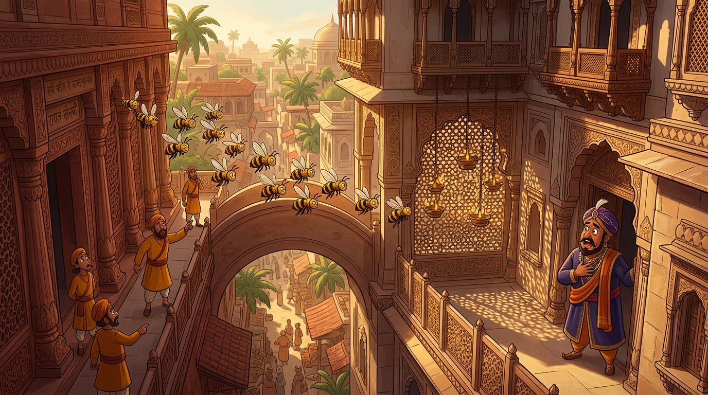 The bees ignore royal treasury and fly straight across city to Lobhadatta's private mansion