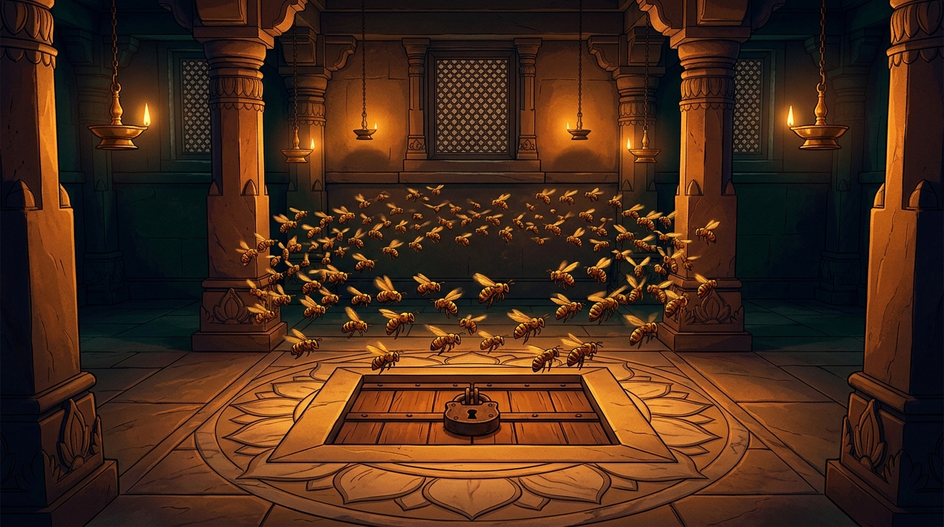 The swarm circles around locked trapdoor in Lobhadatta's cellar, humming peacefully