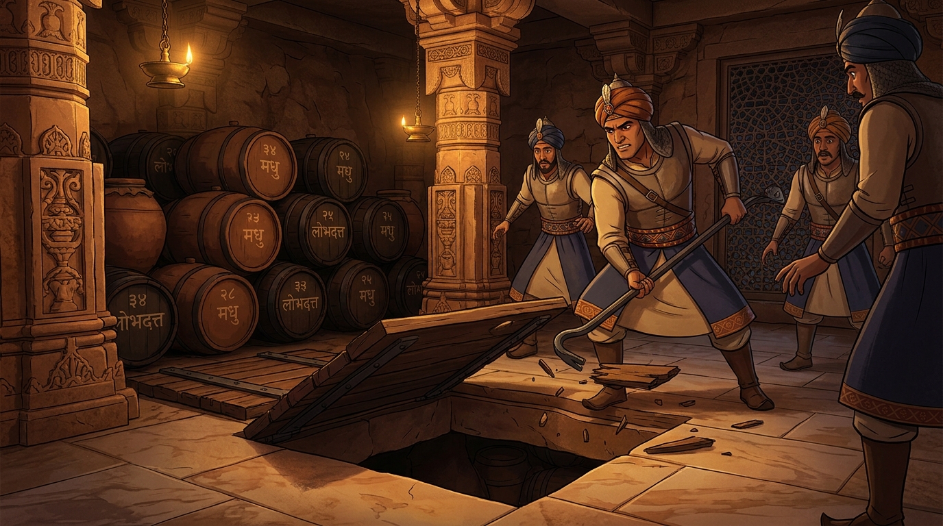 Royal guards break open trapdoor, discovering 38 barrels of stolen village honey