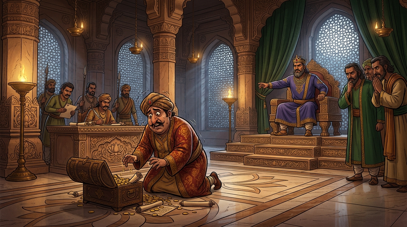 Lobhadatta falls to his knees trembling as King Virasena and court witness his greed