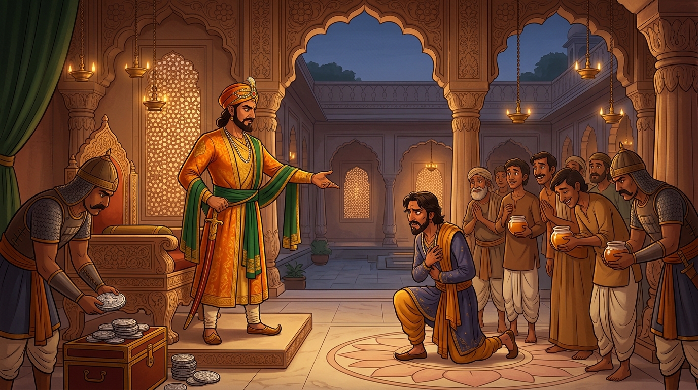 King Virasena strips Lobhadatta of office, fining him 20,000 silver coins and restoring honey