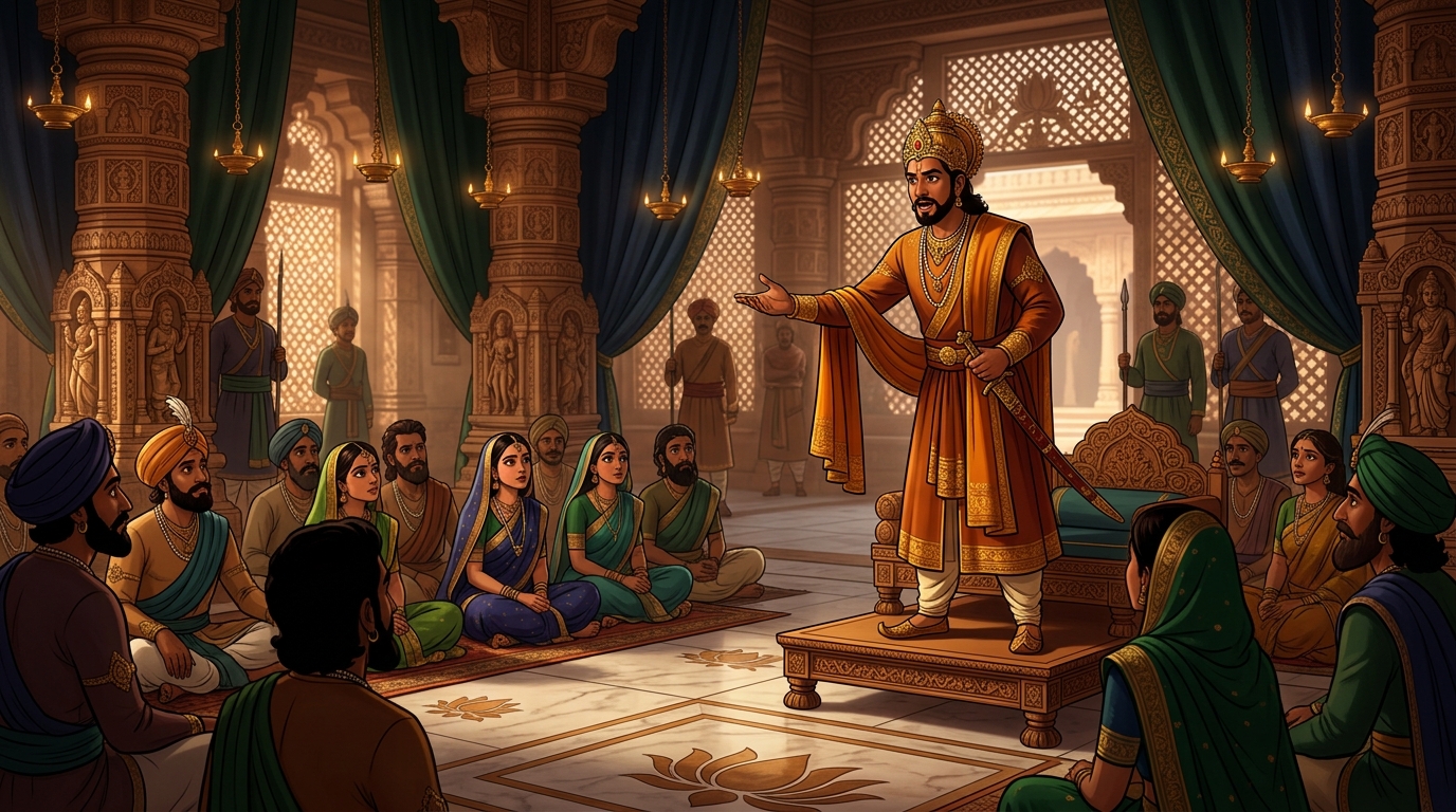 The King proclaims: 'Greed hoards false sweetness, but honest duty creates eternal abundance!'