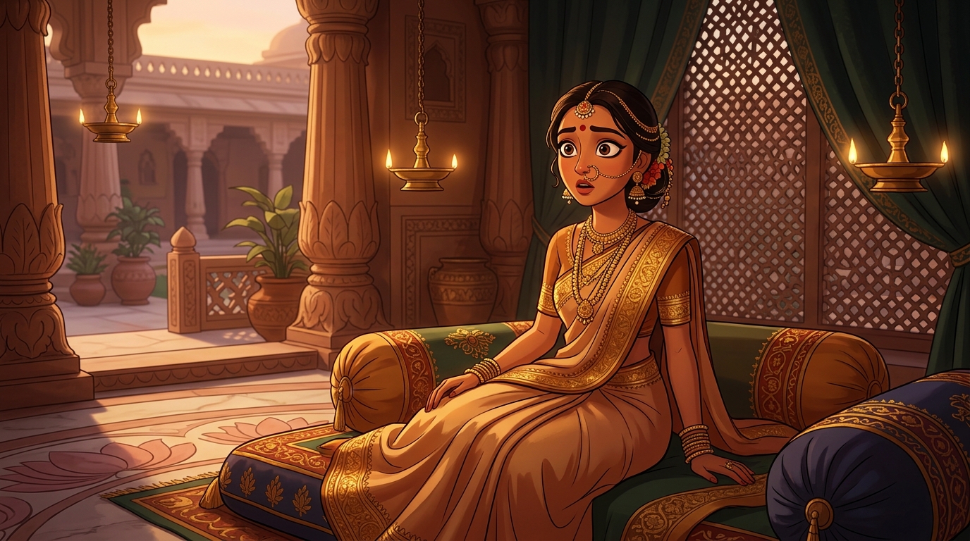 Prabhavati sitting on the bolsters, clapping in wonder at the lesson of honest sweetness