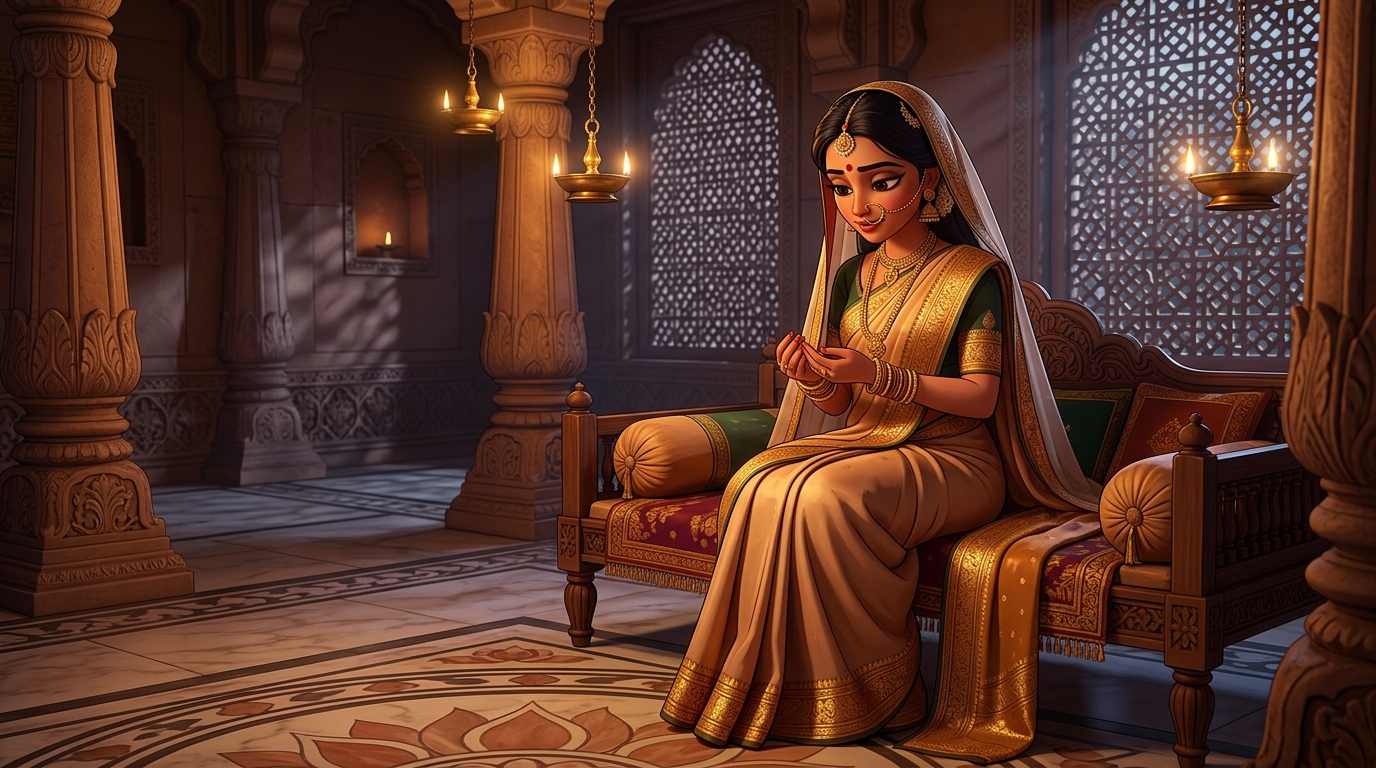 Prabhavati in serene contemplation, realizing honest fidelity is sweetest nectar
