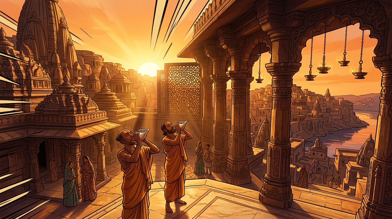 Golden dawn sunlight flooding across the Chandravati skyline as temple conches sound