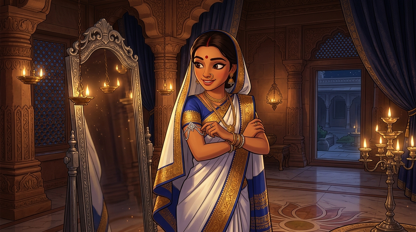 Prabhavati in crystal-white-and-silver silk fastening the crystal armlet by candlelight