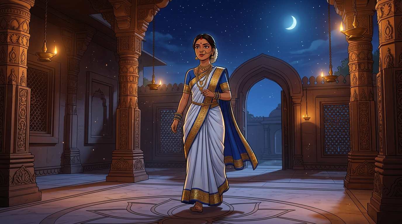 Prabhavati walking toward the courtyard gate with swift, confident steps under the moonlit sky