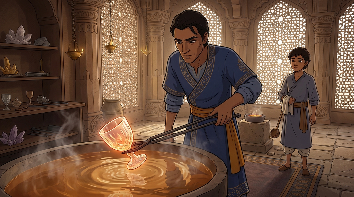 Kshemendra quenching hot crystal in warm sesame oil, creating compressive outer shield