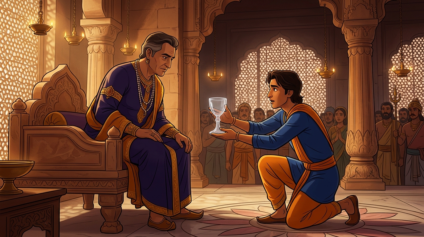 In court, Kshemendra presents crystal chalice; filled with water, it looks completely invisible