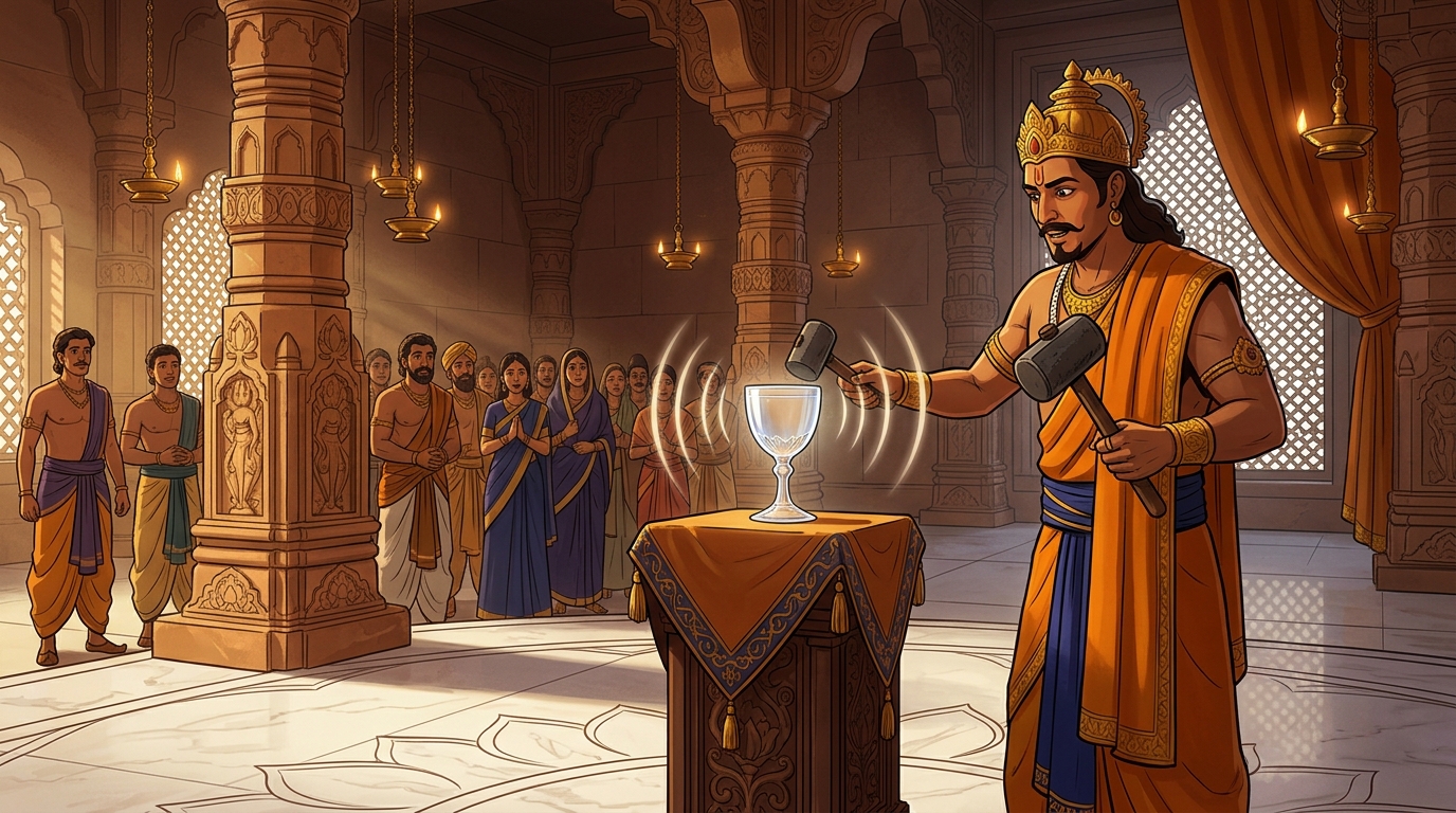 The King strikes crystal rim with iron mallet: it rings like a bell, remaining intact