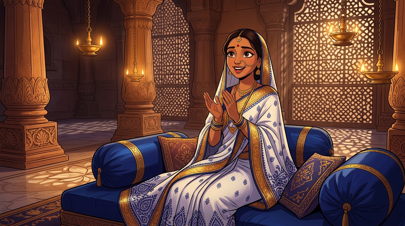 Prabhavati sitting on the bolsters, clapping in wonder at the power of tempered virtue