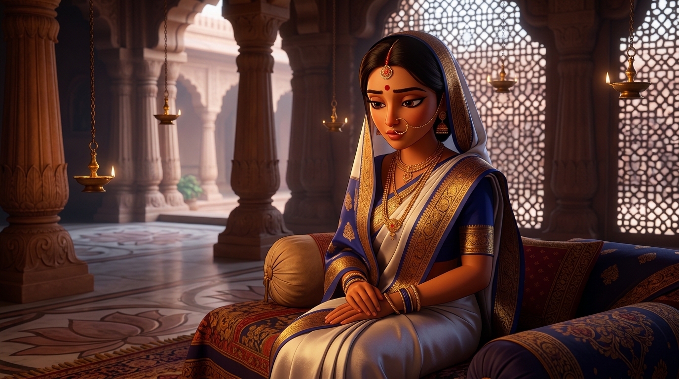 Prabhavati in deep contemplation, realizing true virtue is transparent and invincible