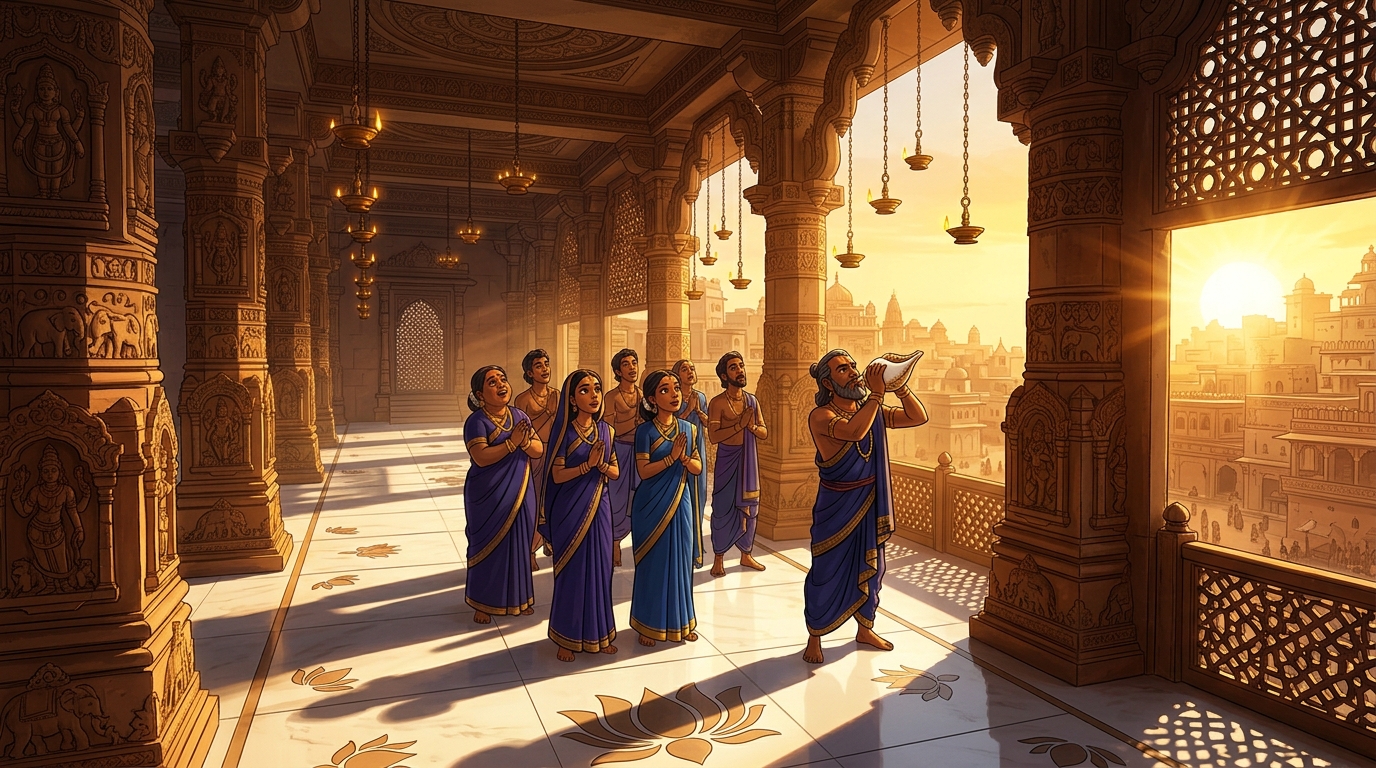 Golden dawn sunlight flooding across the sandstone arches as temple conches sound