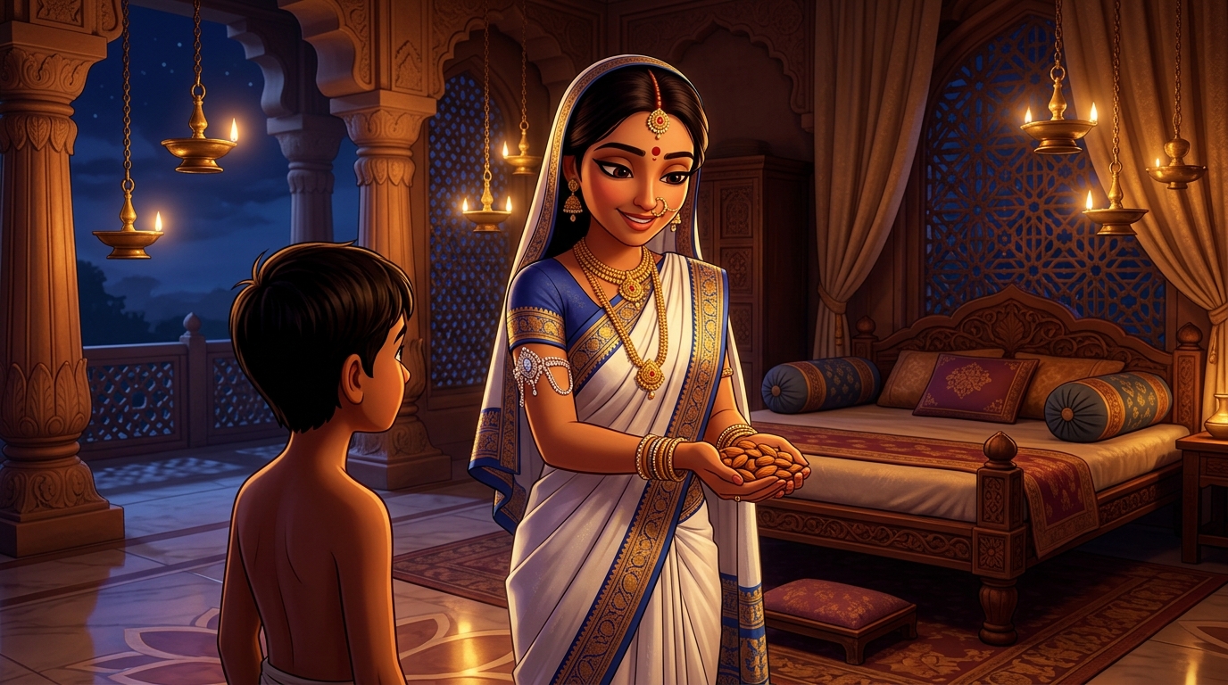 Prabhavati unclasps the crystal armlet, hands Shuka sweet almonds, retreats peacefully