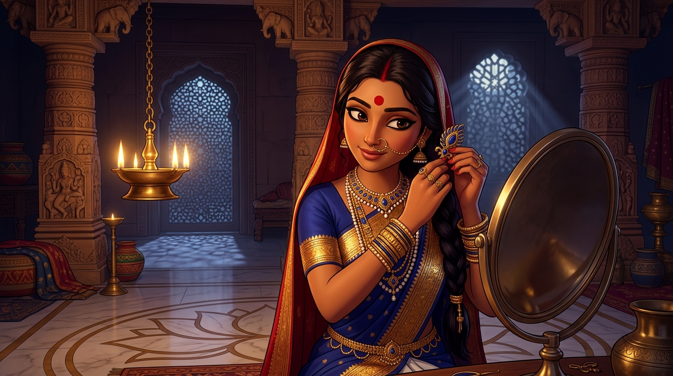 Prabhavati in lapis-blue-and-gold silk fastening the quill brooch into her hair by candlelight