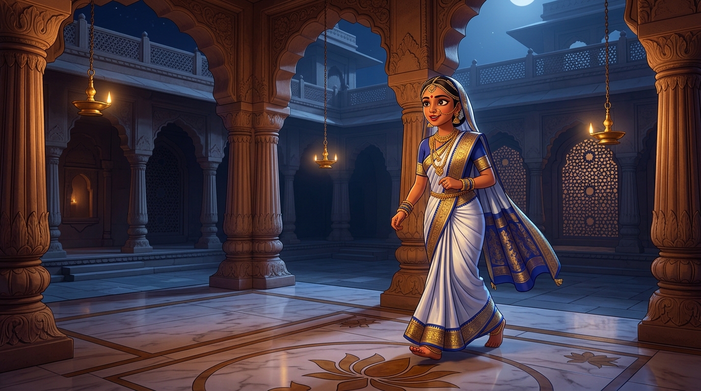 Prabhavati stepping toward the courtyard gate with swift, eager steps under the moonlit sky