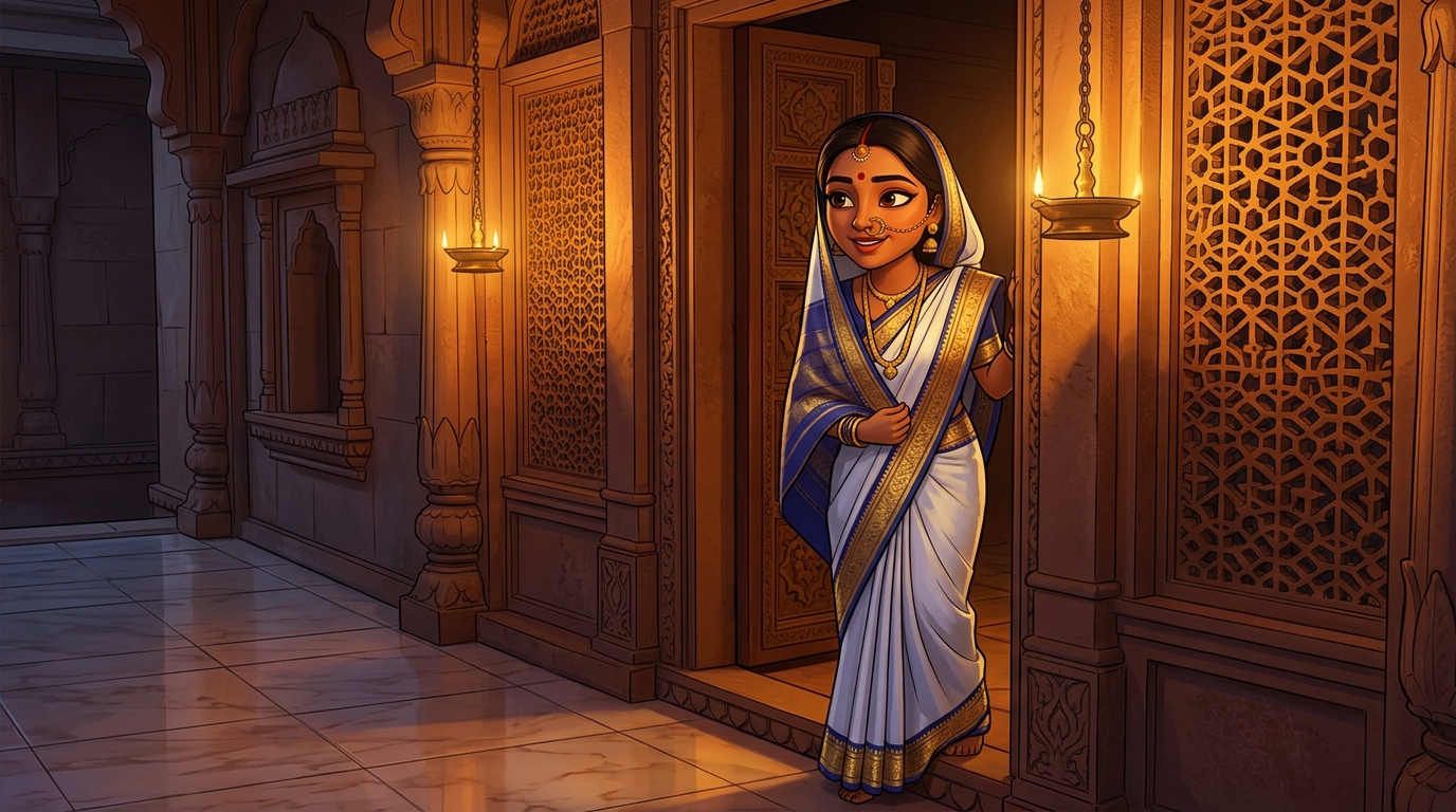 Prabhavati pausing on the doorstep with an amused smile