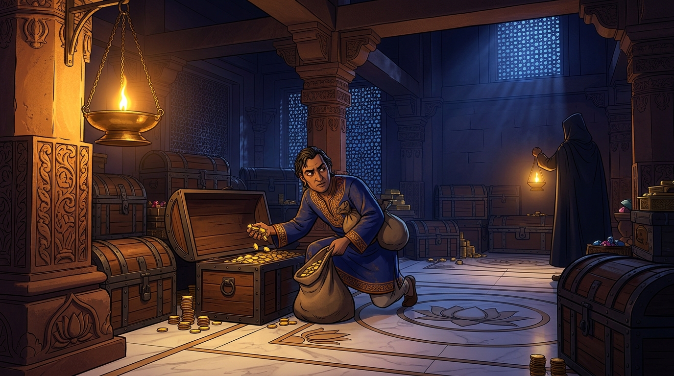 In treasury of Magadha, corrupt treasurer Dushtabuddhi secretly pocketing gold chests