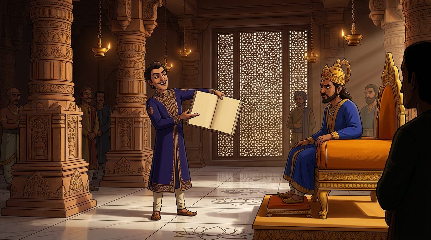In audit before King Chandrasena, Dushtabuddhi presents bleached ledgers, claiming balance