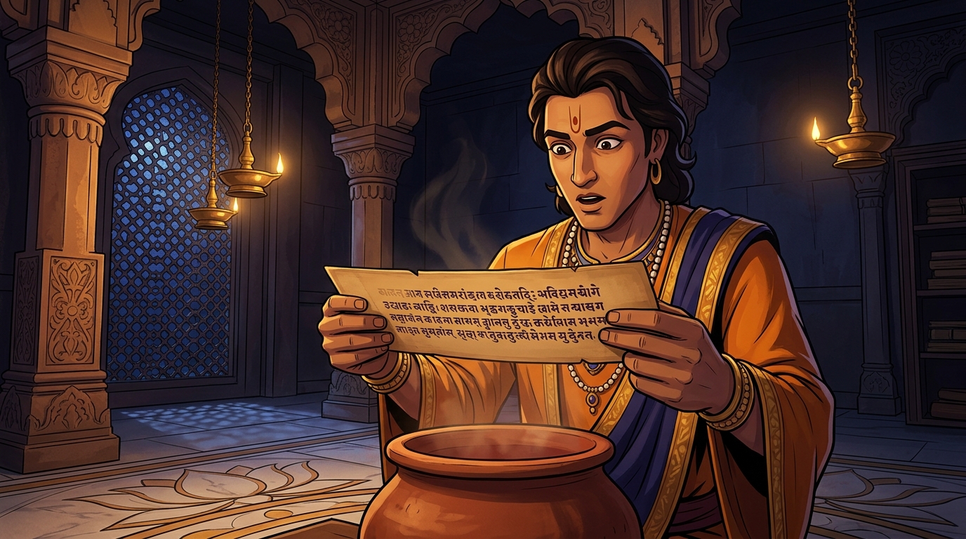 Chitragupta holds leaf over pomegranate tannin vapor; iron residue turns dark purple