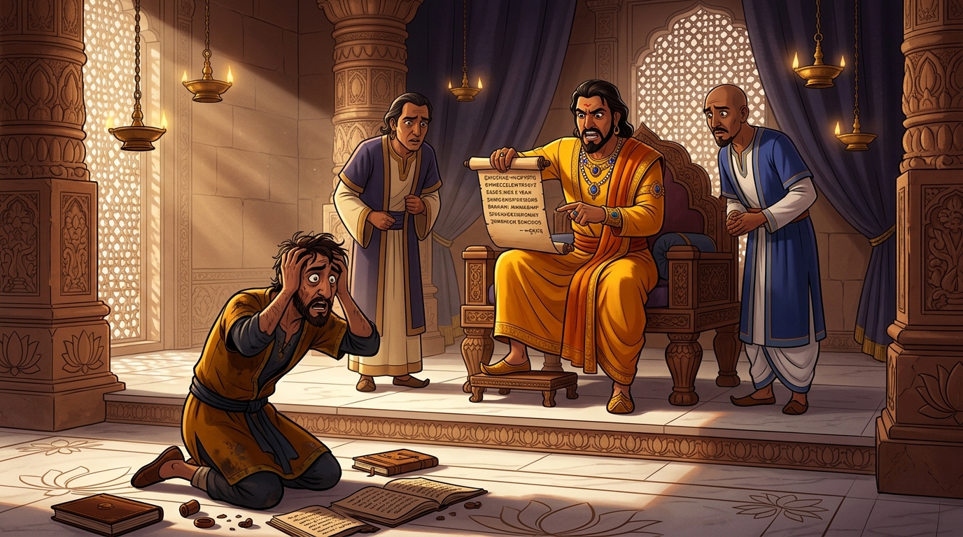 King Chandrasena and ministers read indisputable evidence as Dushtabuddhi collapses