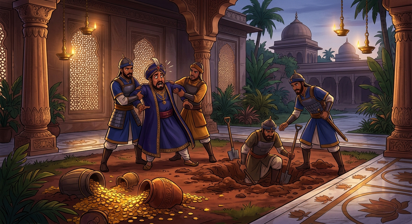 Imperial guards seize corrupt treasurer, finding 30,000 gold coins buried under his garden