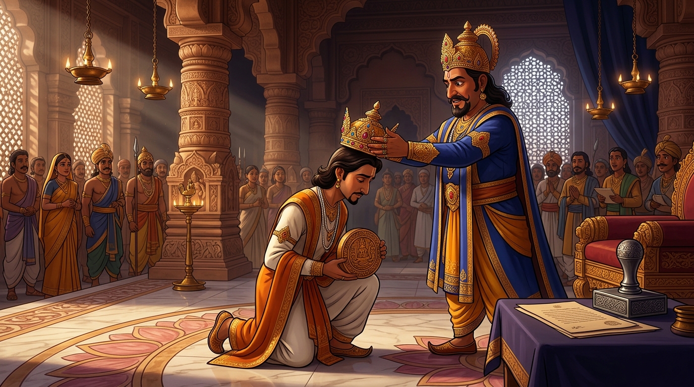 King Chandrasena crowns Chitragupta Grand Imperial Chancellor of Treasury