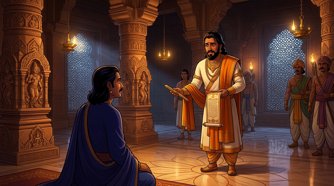 The King presents Chitragupta with an inscribed golden stylus and hereditary estate