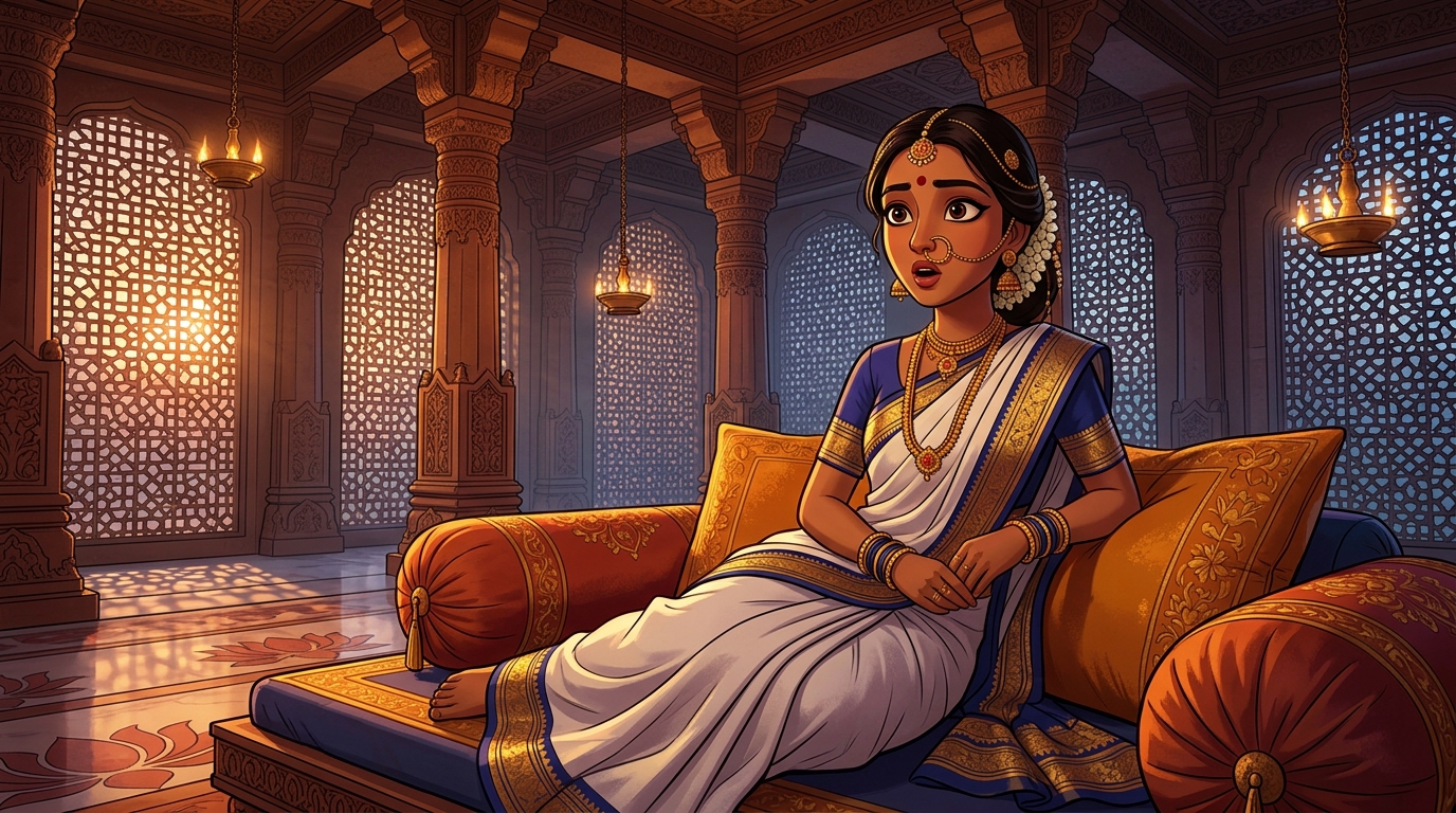 Prabhavati sitting on the bolsters, clapping in wonder at the indelible ledger of Dharma