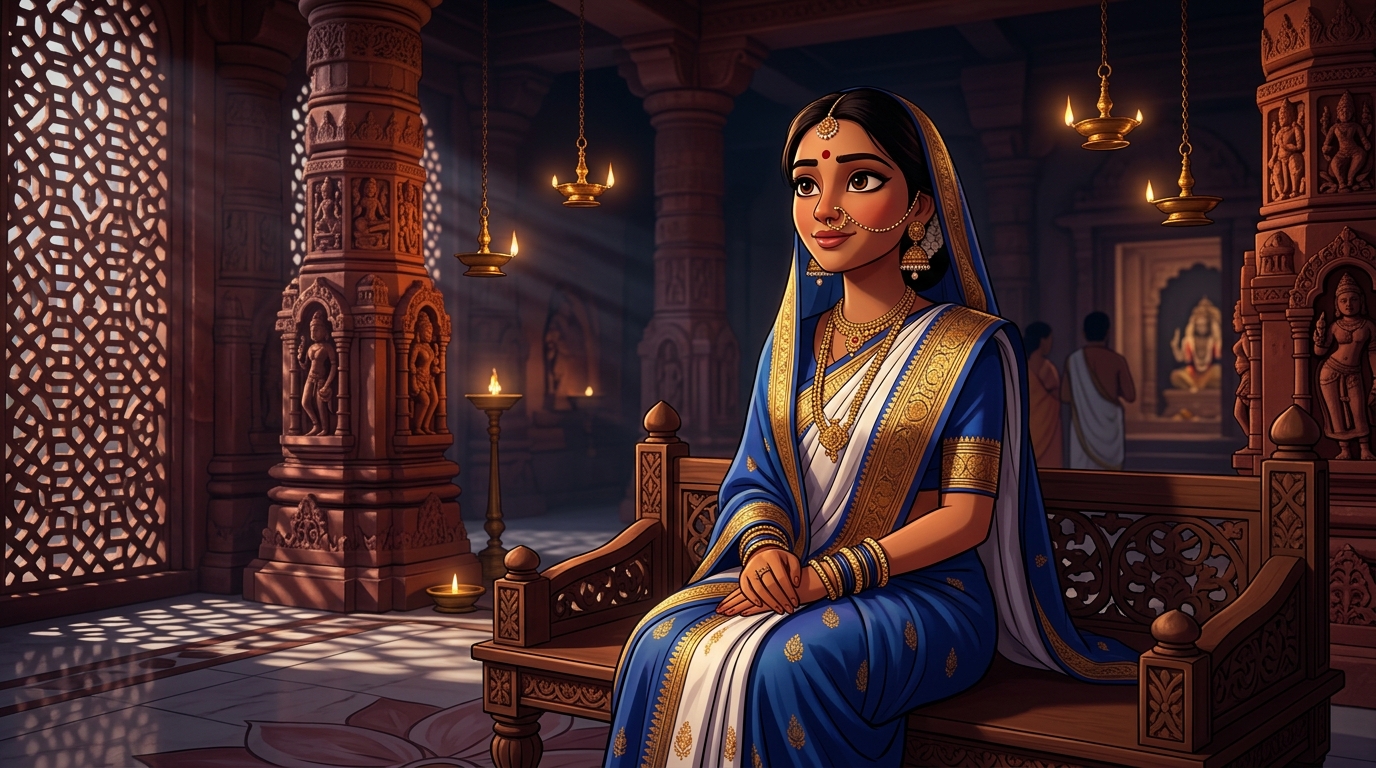 Prabhavati in serene contemplation, realizing sacred honor and fidelity can never be erased