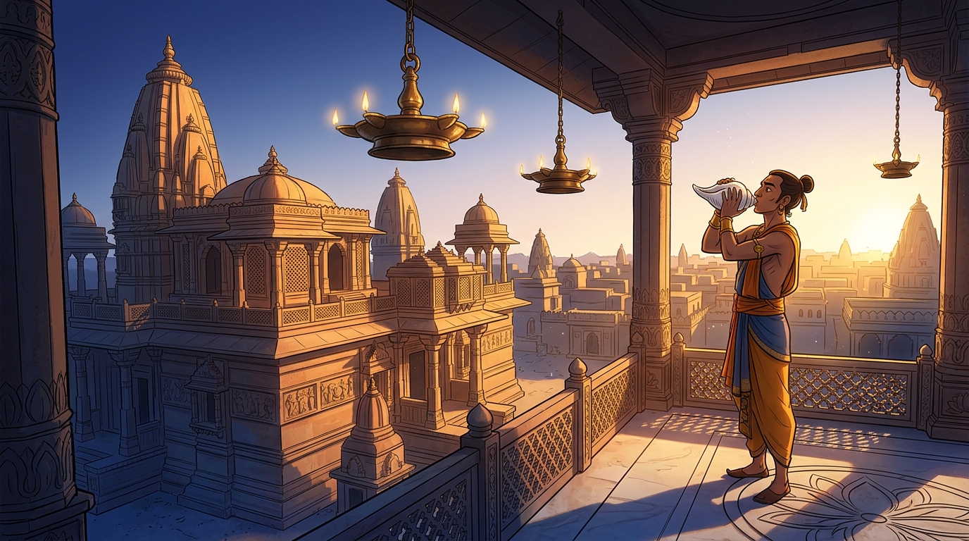 Golden dawn sunlight flooding across the Chandravati skyline as temple conches sound