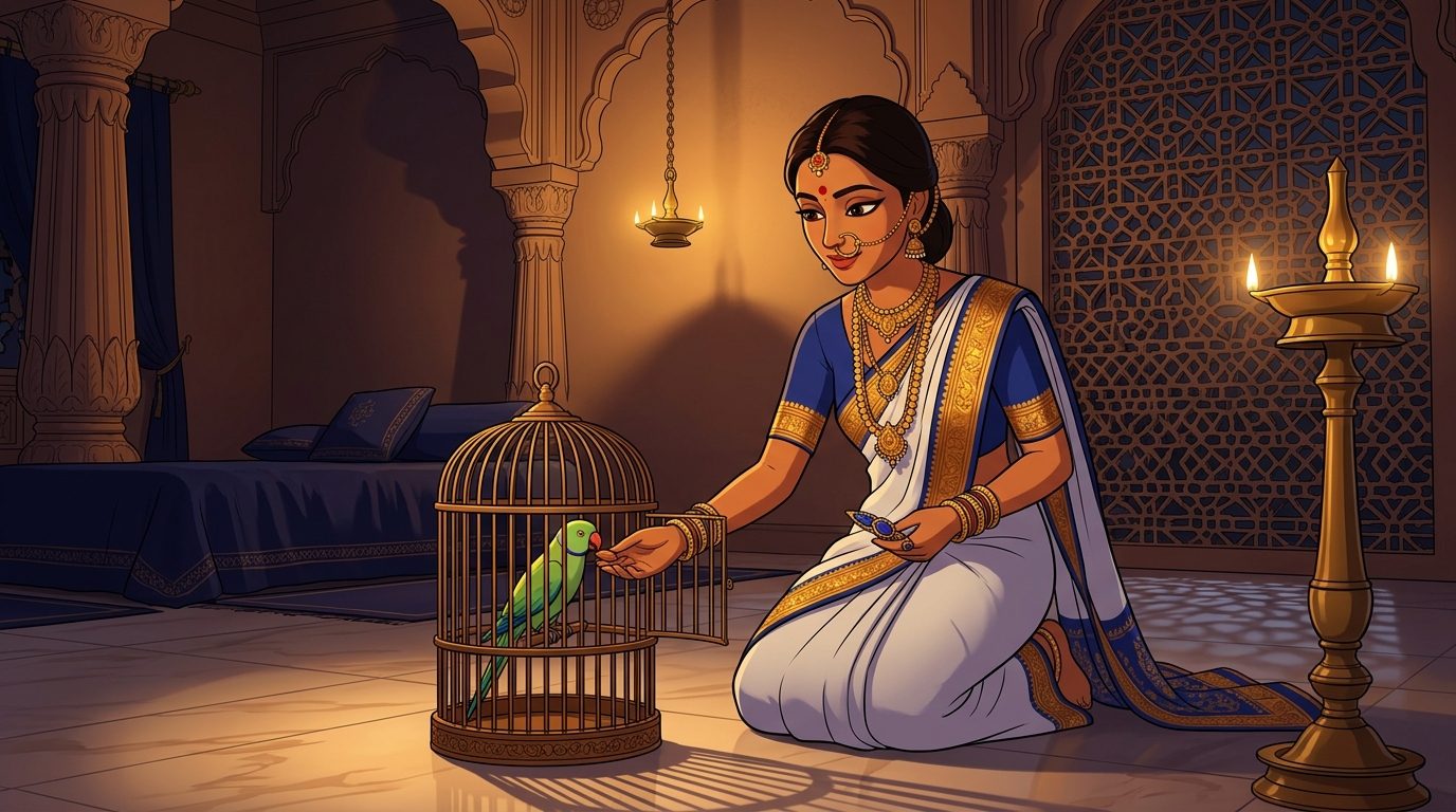 Prabhavati unclasps lapis quill brooch, gives Shuka sweet almonds, retreats peacefully