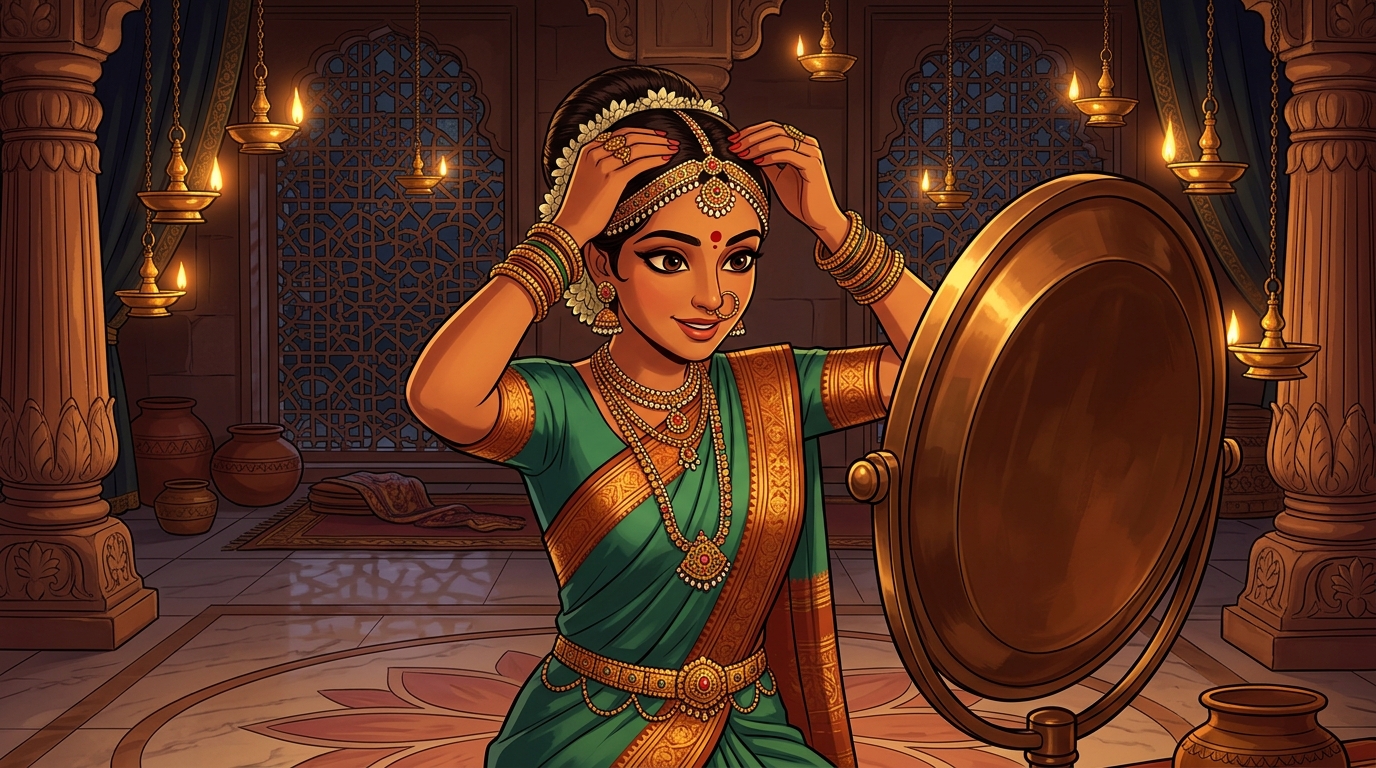 Prabhavati in jade-green silk fastening the tiara onto her forehead by candlelight