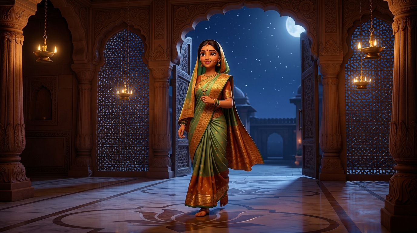 Prabhavati walking toward the courtyard gate with swift, confident steps under the moonlit sky