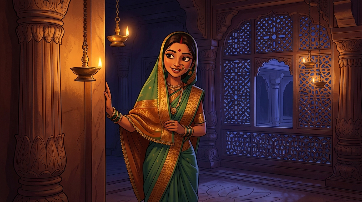 Prabhavati pausing on the doorstep with an amused smile