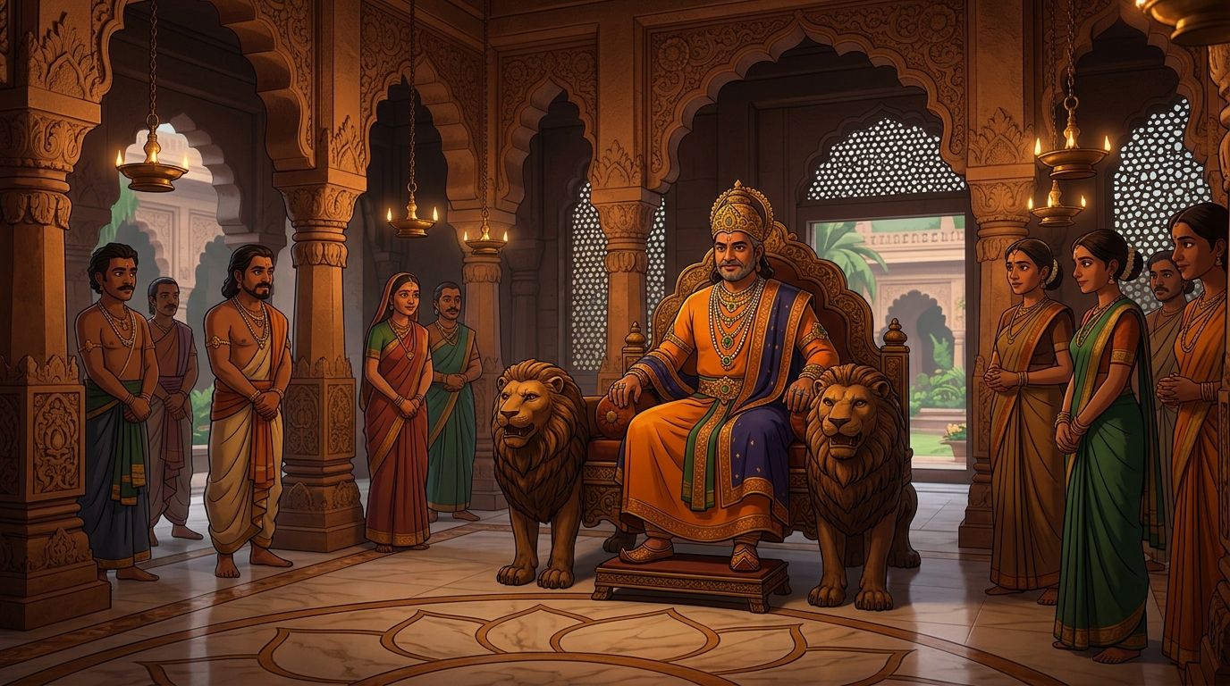 In royal court of Kalinga, Emperor Vikramasena sits on lion throne during 20th coronation jubilee
