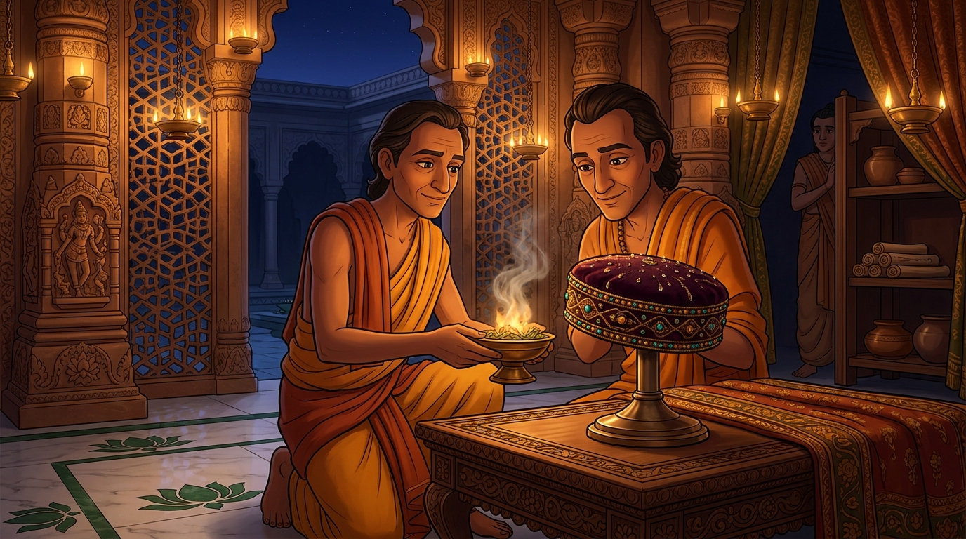 Charakadasa brings smoking camphor brazier near velvet band; heat causes oily droplets to sweat